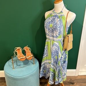 Vineyard Vines silk lined sz 4 blue and chartreuse halter dress EUC